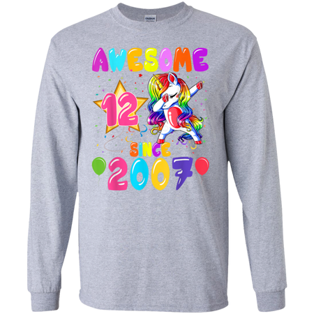 12 Years Old 12th Birthday Unicorn Dabbing Party Shirt G240 Gildan LS Ultra Cotton T-Shirt