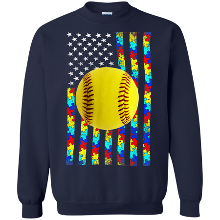 Autism Awareness American Flag Softball Shirt G180 Gildan Crewneck Pullover Sweatshirt 8 oz