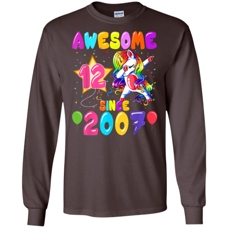 12 Years Old 12th Birthday Unicorn Dabbing Party Shirt G240 Gildan LS Ultra Cotton T-Shirt