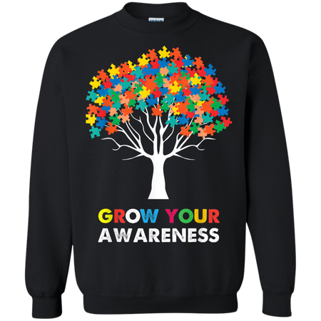 Autism Awareness Puzzle Tree Grow Your Awareness Shirts G180 Gildan Crewneck Pullover Sweatshirt 8 oz