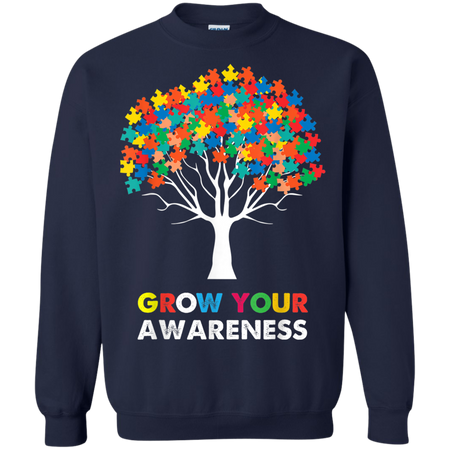 Autism Awareness Puzzle Tree Grow Your Awareness Shirts G180 Gildan Crewneck Pullover Sweatshirt 8 oz