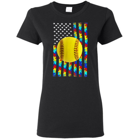 Autism Awareness American Flag Softball Shirt G500L Gildan Ladies' 5.3 oz. T-Shirt