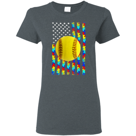 Autism Awareness American Flag Softball Shirt G500L Gildan Ladies' 5.3 oz. T-Shirt