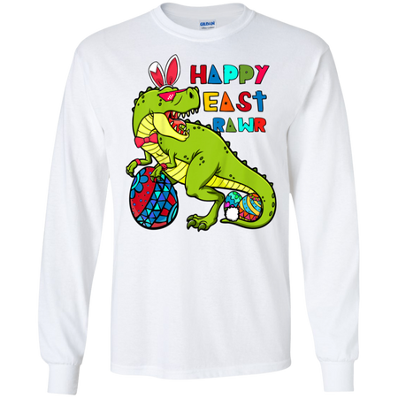 Kids Happy Eastrawr T Rex Dinosaur Easter Bunny Egg Shirt G240 Gildan LS Ultra Cotton T Shirt