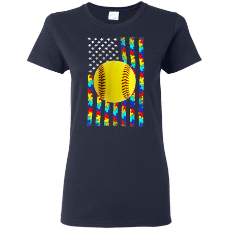 Autism Awareness American Flag Softball Shirt G500L Gildan Ladies' 5.3 oz. T-Shirt