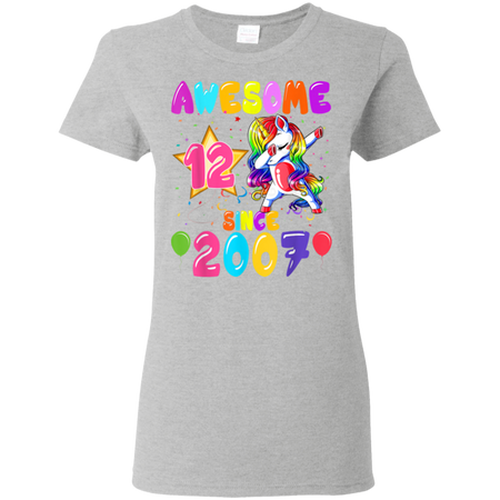 12 Years Old 12th Birthday Unicorn Dabbing Party Shirt G500L Gildan Ladies' 5.3 oz. T-Shirt