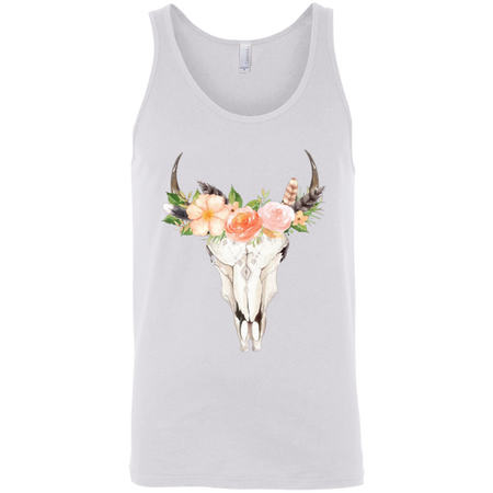 Floral Cow Skull Tank Top, Skull Shirt with Flowers, Boho Watercolor Flowers and Feathers, Southwest Shirt, Skull and Feathers TShirt