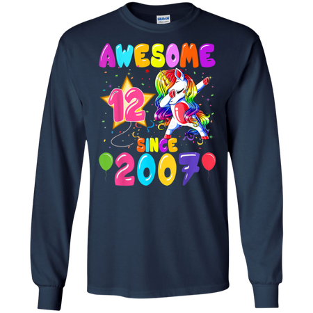 12 Years Old 12th Birthday Unicorn Dabbing Party Shirt G240 Gildan LS Ultra Cotton T-Shirt