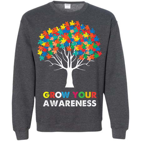 Autism Awareness Puzzle Tree Grow Your Awareness Shirts G180 Gildan Crewneck Pullover Sweatshirt 8 oz